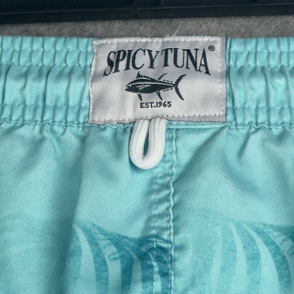 SPICY TUNA Aqua Swim Trunks Size Small Light Blue Palm Leaf Print Mesh Lined - Picture 7 of 10